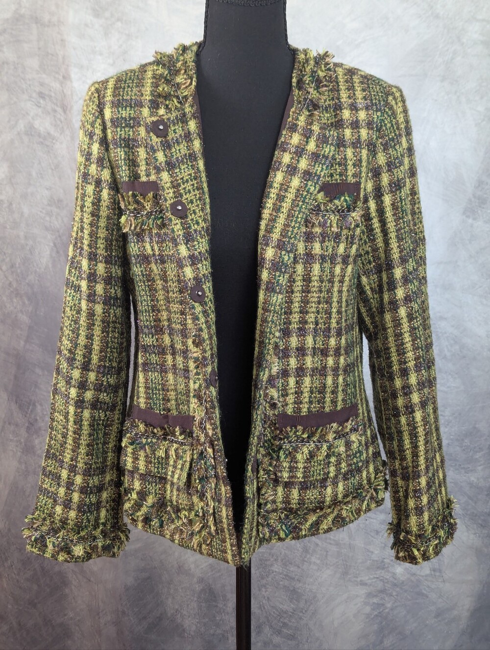 Chicos Size 1 (M) Green and Brown Plaid Tweed Jacket with chain detail